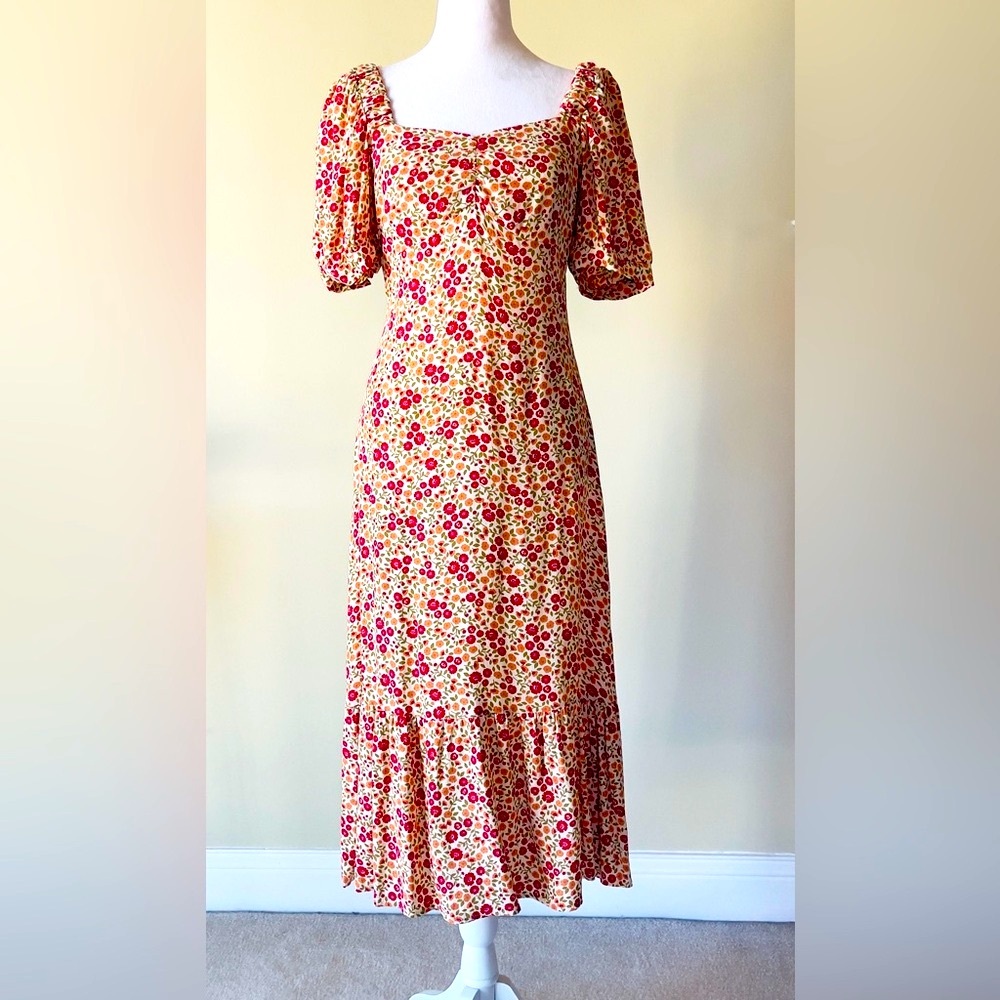 Floral Puff-Sleeve Midi Dress in Yellow and Red